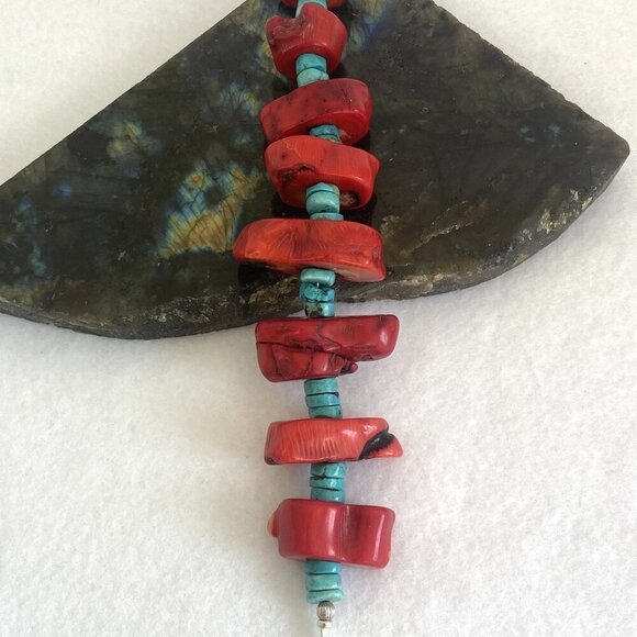 VTG Southwest Chunky Red Coral & Heishi Turquoise Beaded Bracelet Fits 7" Wrist - Picture 6 of 16